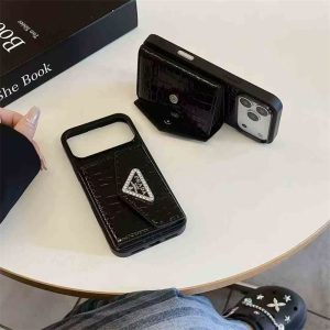Prada-inspired elegant apple phone case with card holder for iPhone 17 / 16 / 15 / 14
