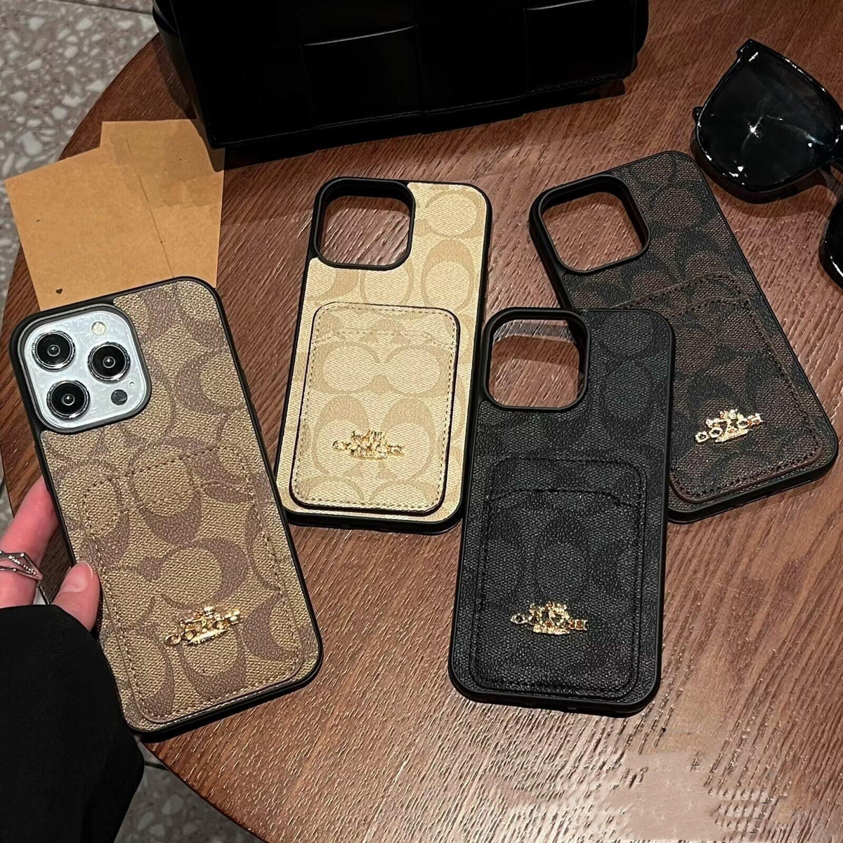 Coach-inspired fine monogram leather iPhone case with card pocket