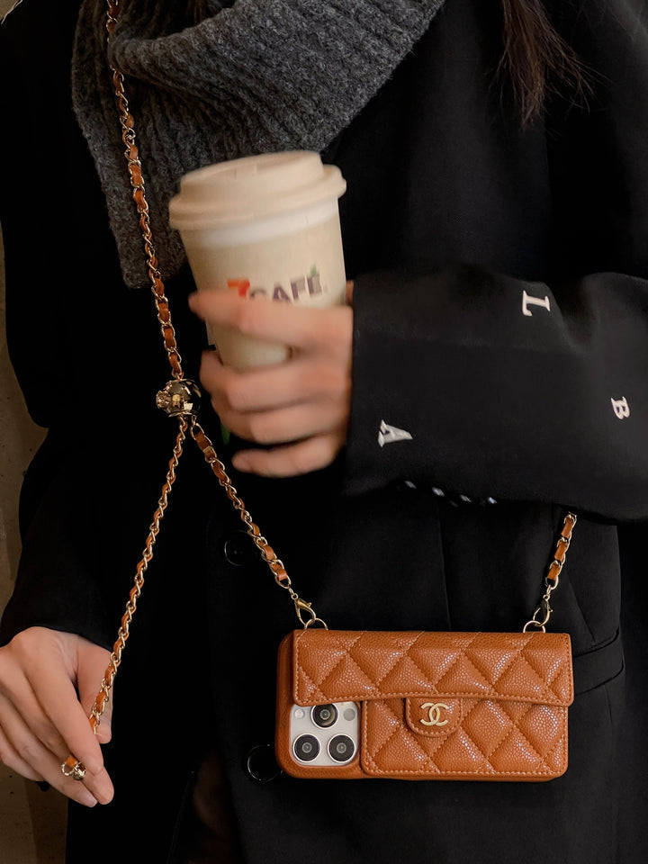 Chanel-inspired wallet crossbody chain iPhone case
