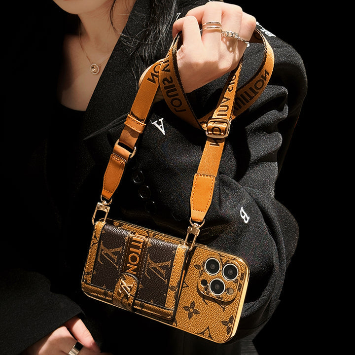 Louis Vuitton-inspired case with chain for iPhone 16 15 14
