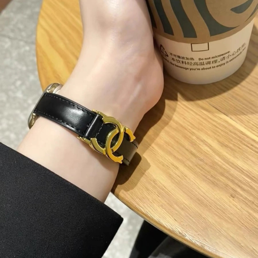 Chanel-inspired leather watch strap with metal detail
