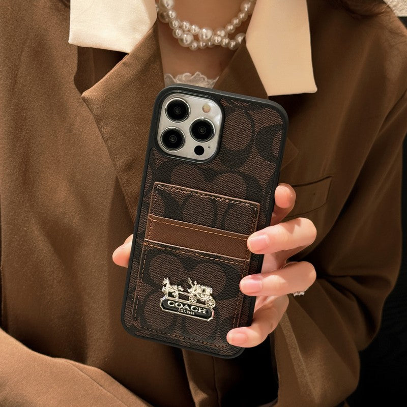 Coach-inspired card bag leather iPhone case, brown