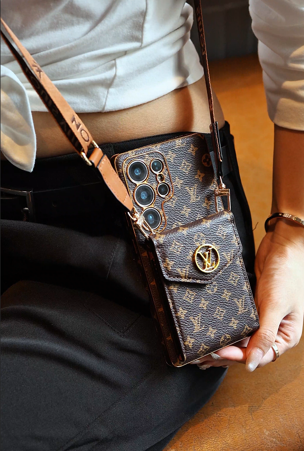 Leather Samsung phone case with wallet and strap