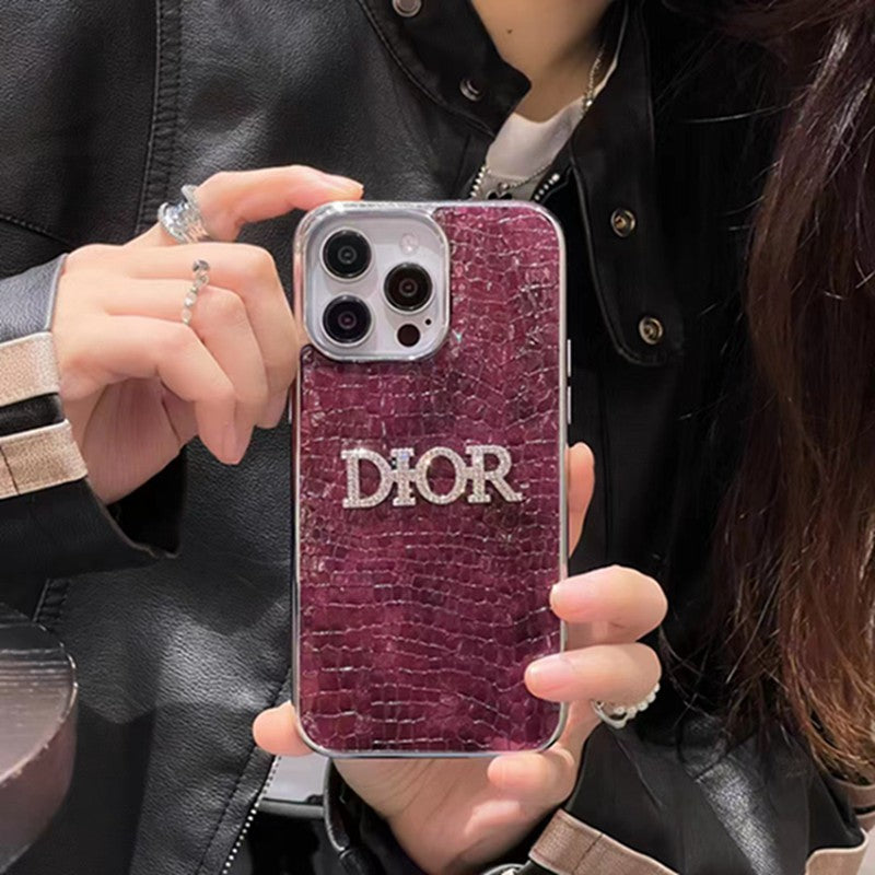 Dior-inspired rhinestone phone case with contrast lettering