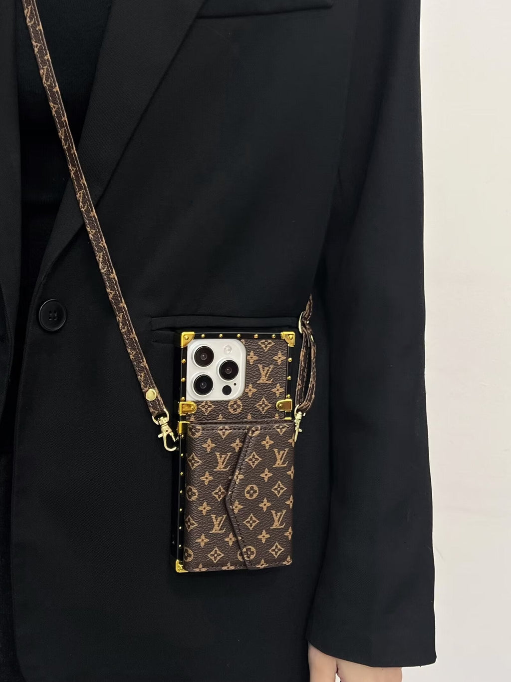 Louis Vuitton-inspired iPhone case with wallet card holder