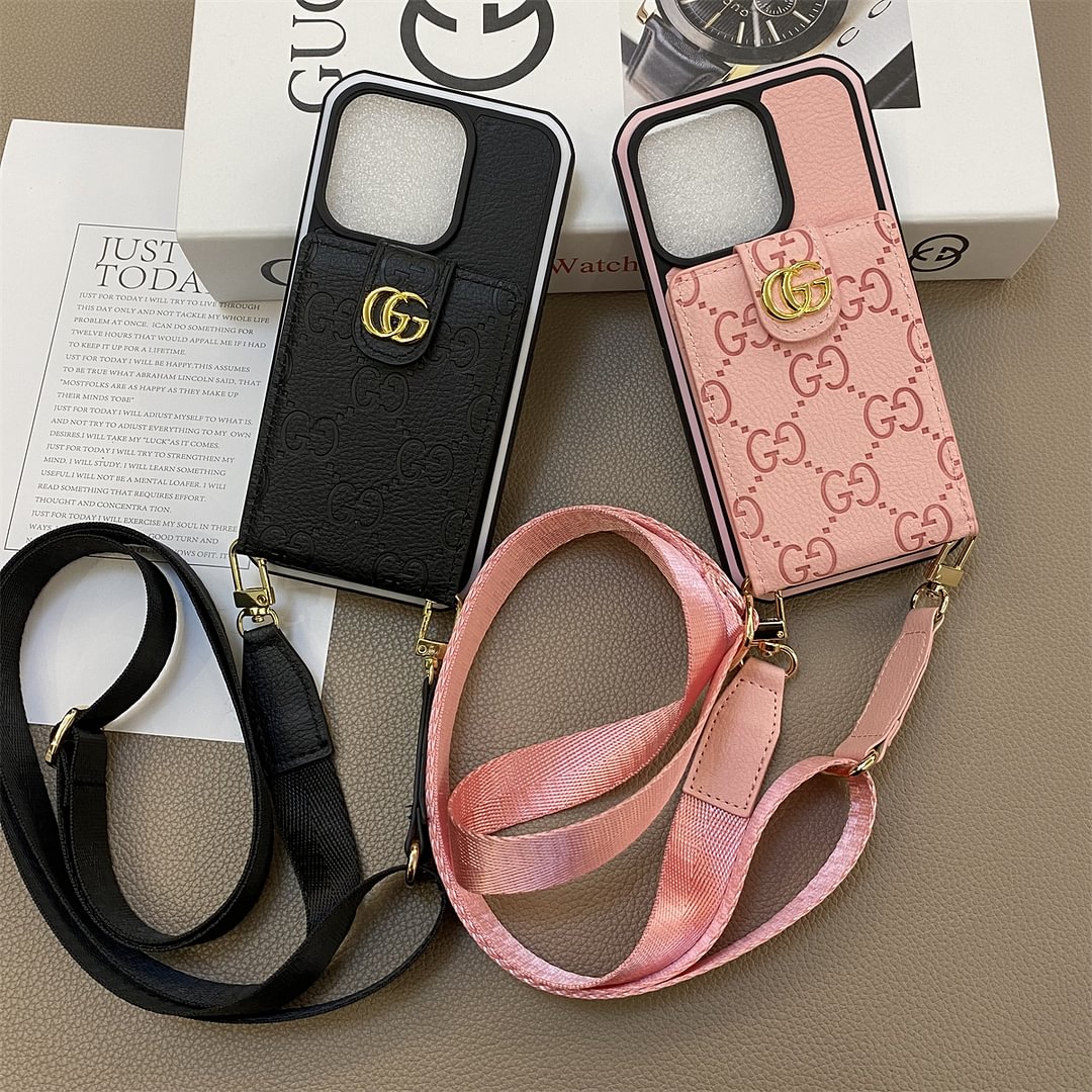 Leather iPhone case with button card holder and cord