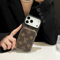 Canvas leather wallet card holder crossbody iPhone case 17 / 16 / 15 / 14, brown big flower