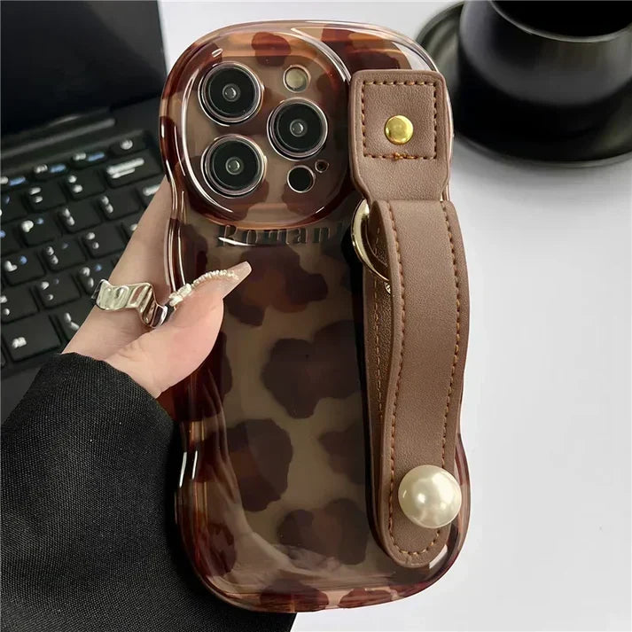 Brown leopard print leather strap iPhone case
