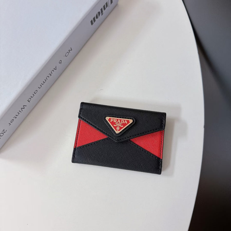 Prada-inspired two-tone envelope card wallet with triangle detail