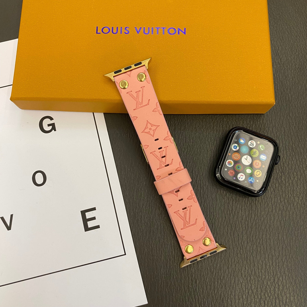 Louis Vuitton-inspired embossed monogram Apple Watch band with rivet details