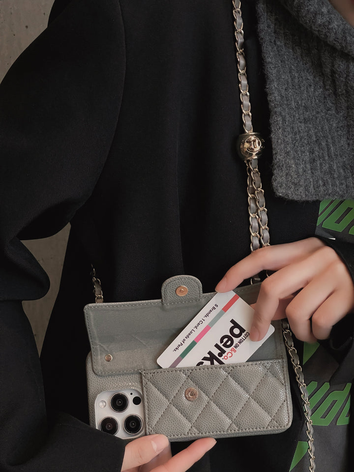 Chanel-inspired wallet crossbody chain iPhone case