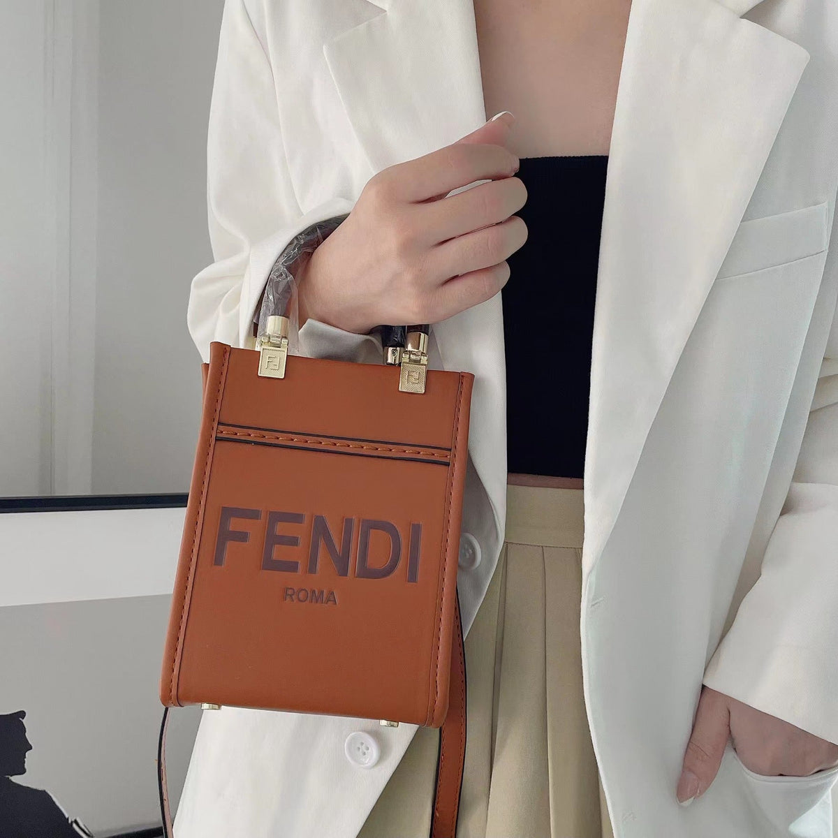 Fendi-inspired structured mini tote bag with crossbody strap