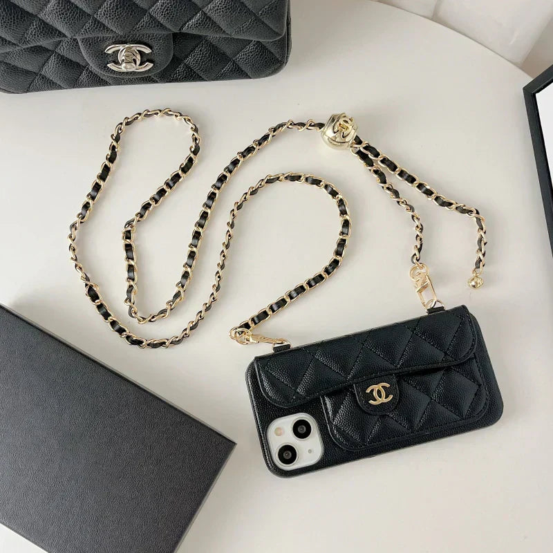Chanel-inspired wallet crossbody chain iPhone case