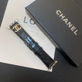 Glossy leather Apple Watch strap metal logo, black