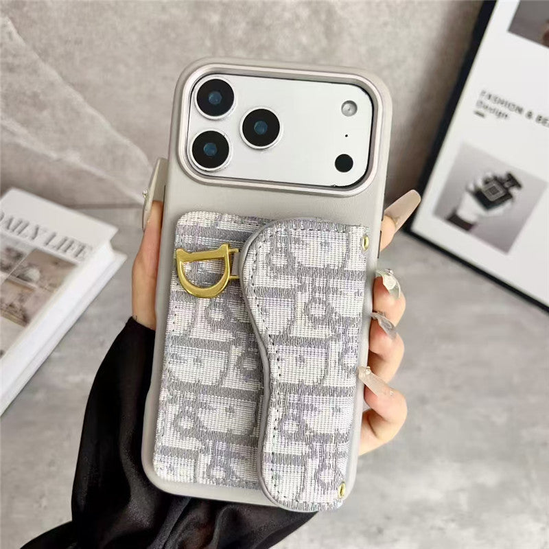 Dior-inspired leather phone case with card holder for iPhone 17-12, grey