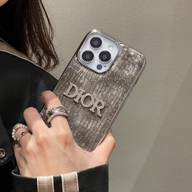 Dior-inspired rhinestone phone case with contrast lettering