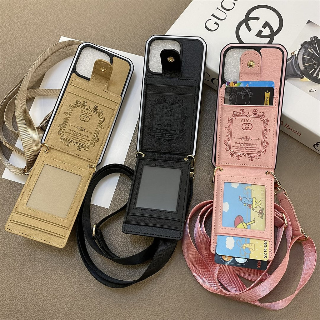 Gucci-inspired leather iPhone case with strap and wallet card holder