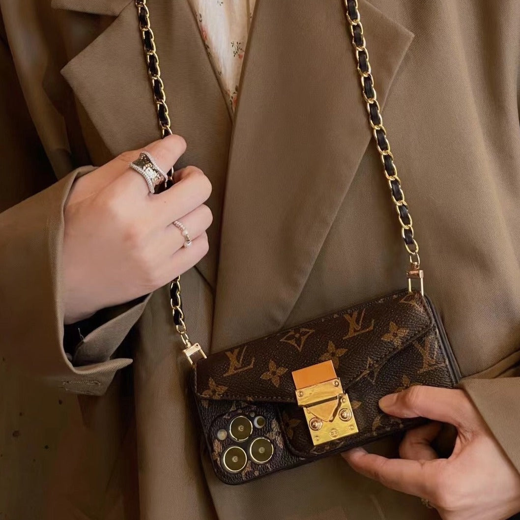 Louis Vuitton-inspired iPhone case with card holder and chain, brown with strap