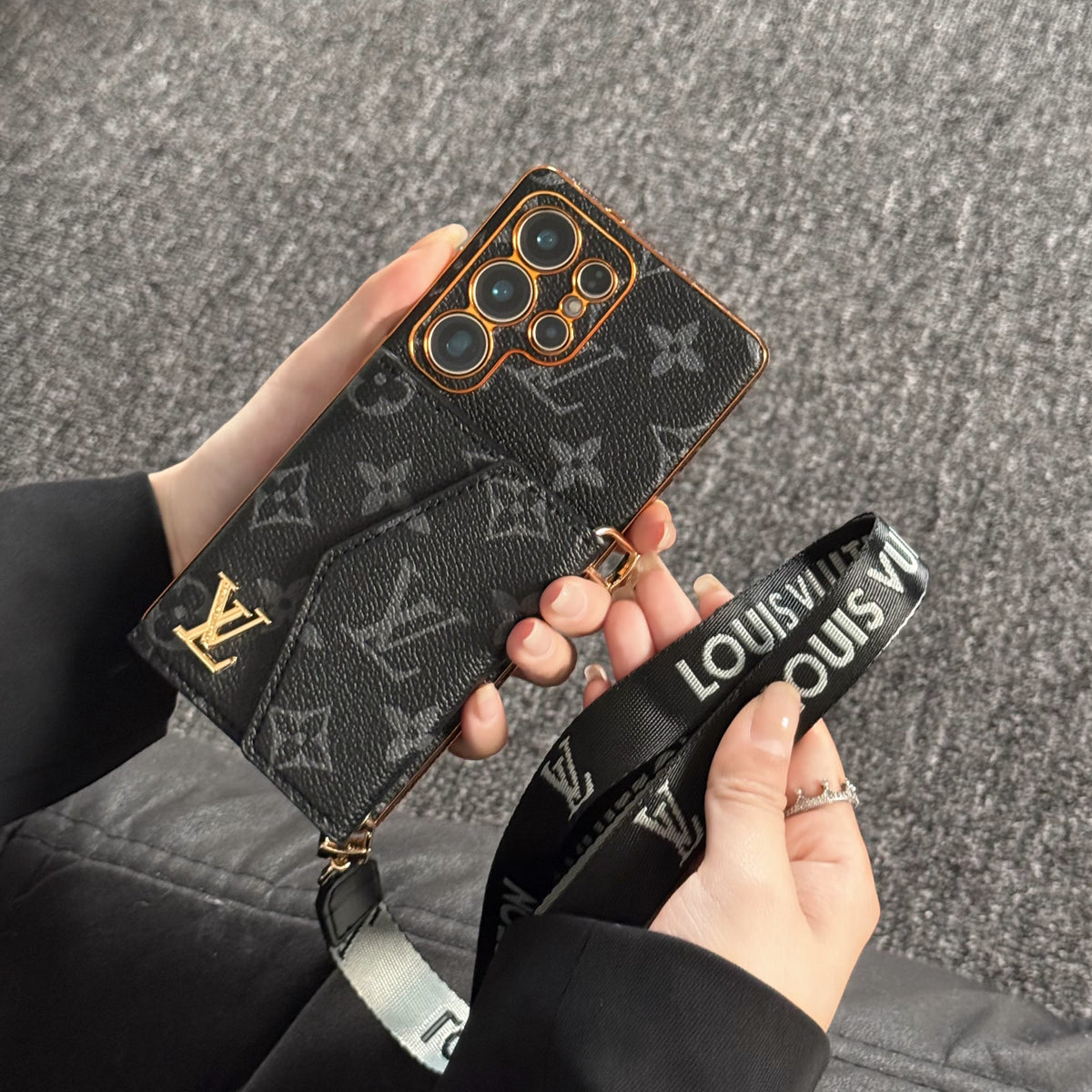 Leather Samsung phone case with wallet and strap