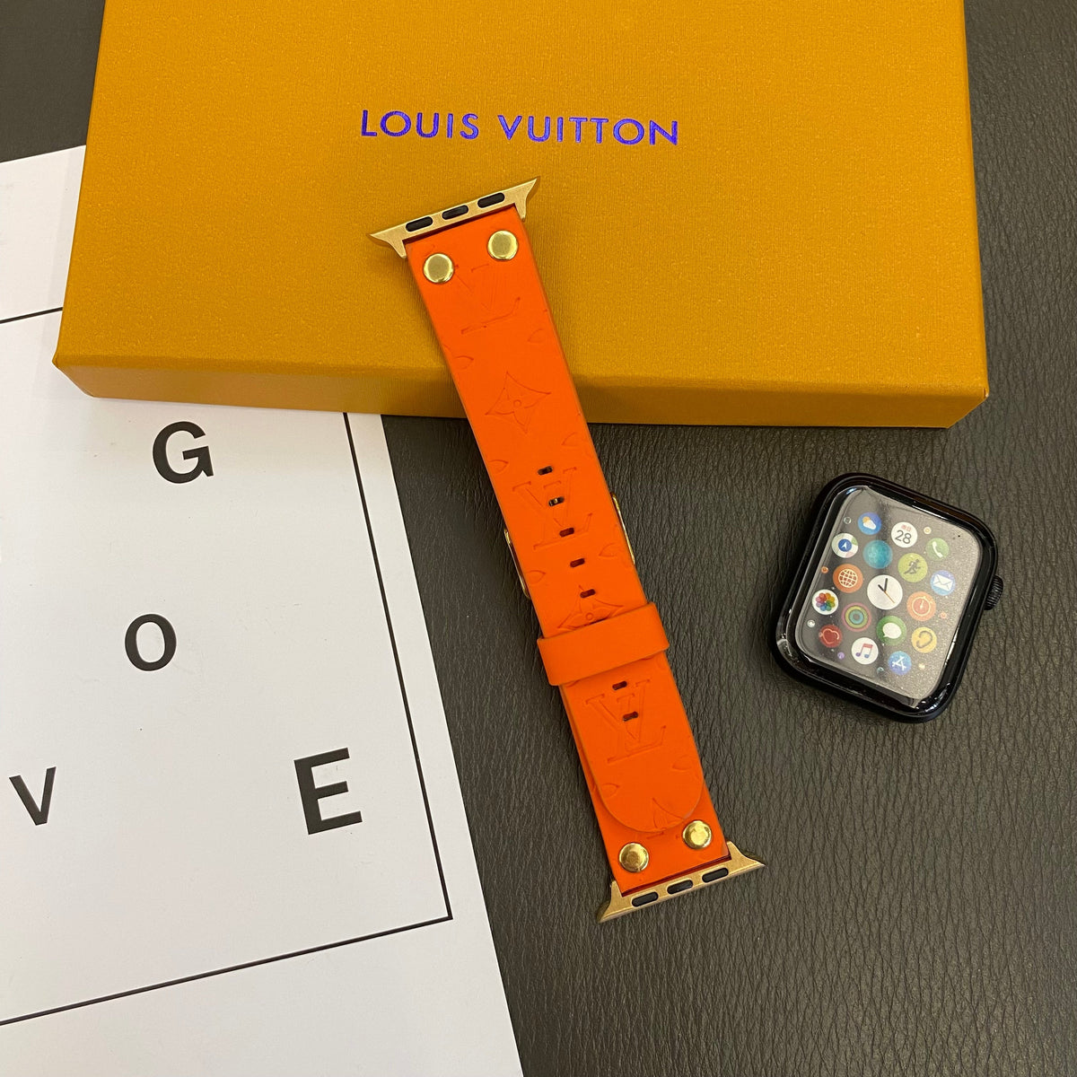 Louis Vuitton-inspired embossed monogram Apple Watch band with rivet details