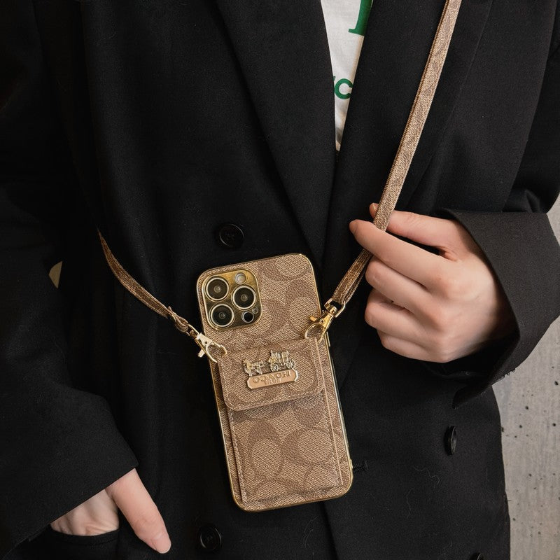 Coach-inspired leather iPhone case with card holder and strap