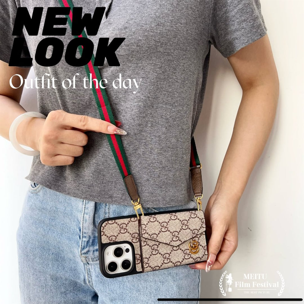 Canvas and leather crossbody iPhone case with accordion card holder