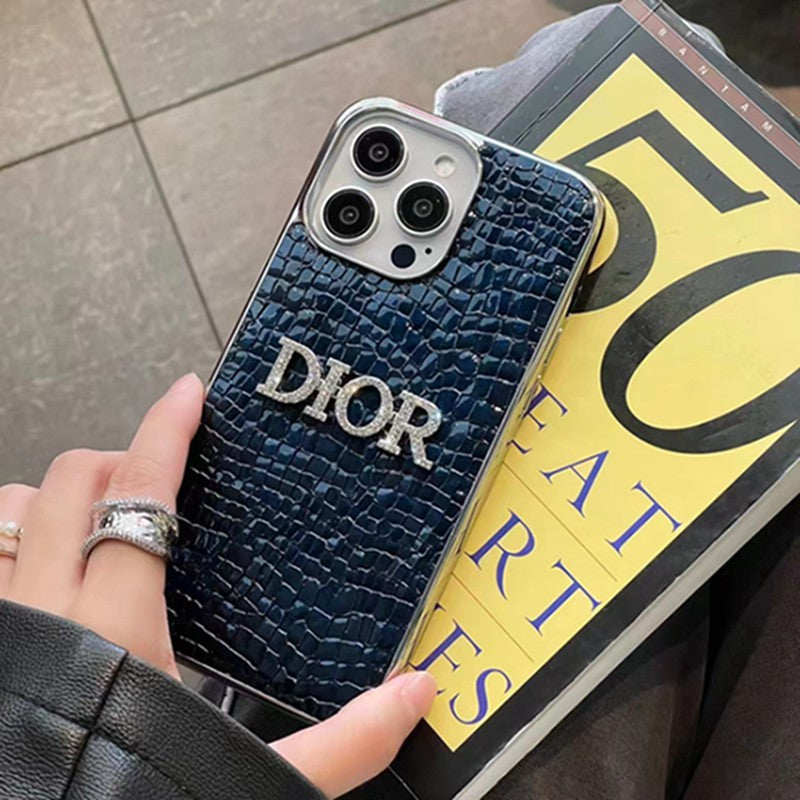 Dior-inspired rhinestone phone case with contrast lettering