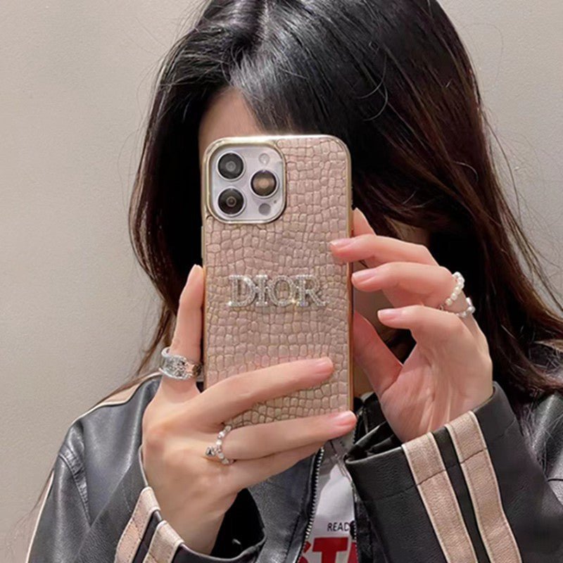 Dior-inspired rhinestone phone case with contrast lettering