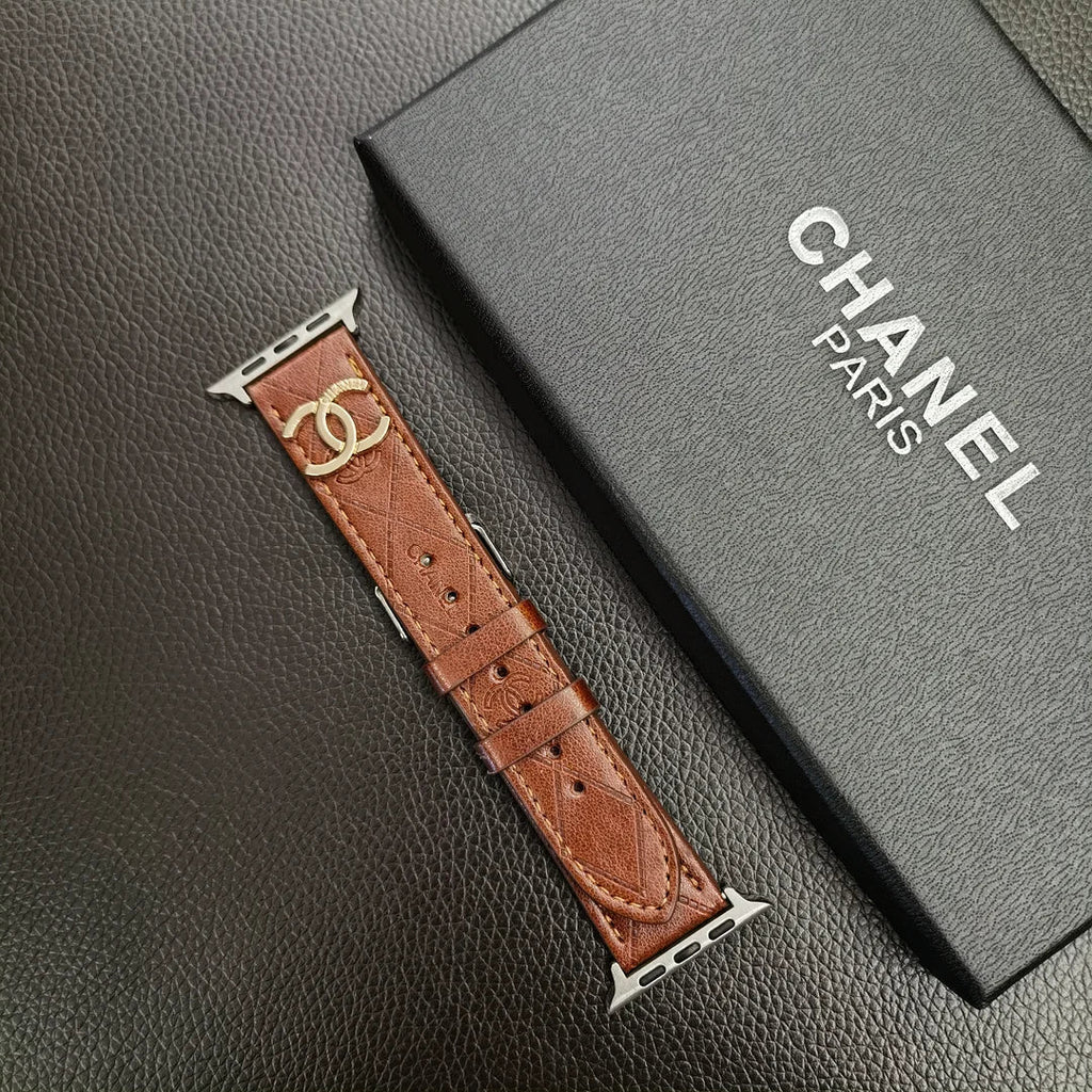 Gold monogram 3D embossed leather Apple Watch strap, brown