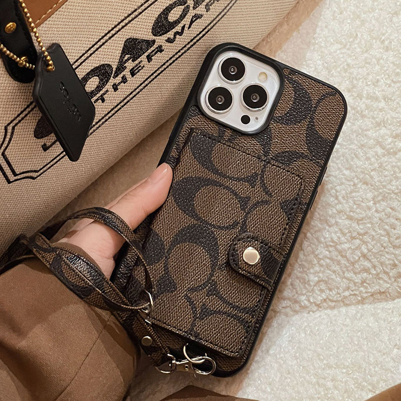 Coach-inspired leather iPhone case with card holder, brown