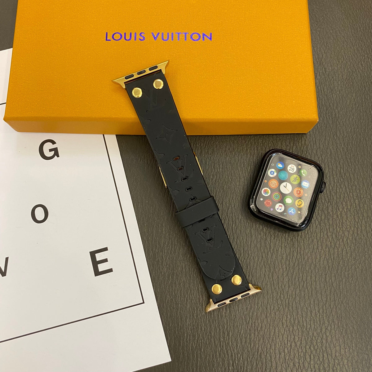 Louis Vuitton-inspired embossed monogram Apple Watch band with rivet details