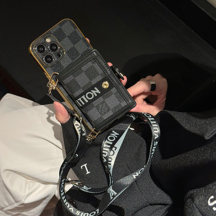 Louis Vuitton-inspired case with chain for iPhone 16 15 14, black