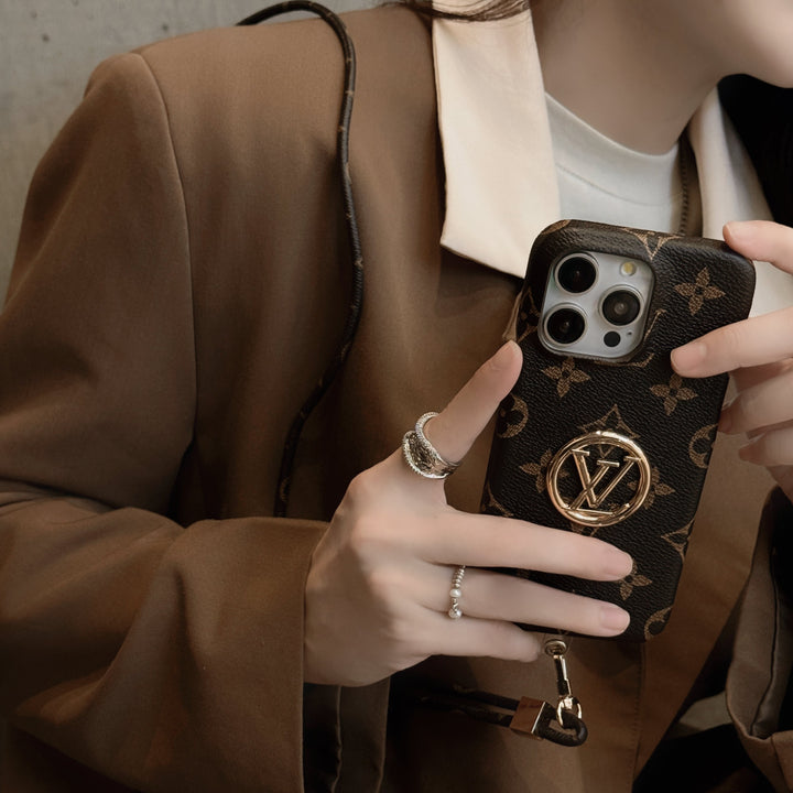 Louis Vuitton-inspired monogram iPhone case with crossbody strap