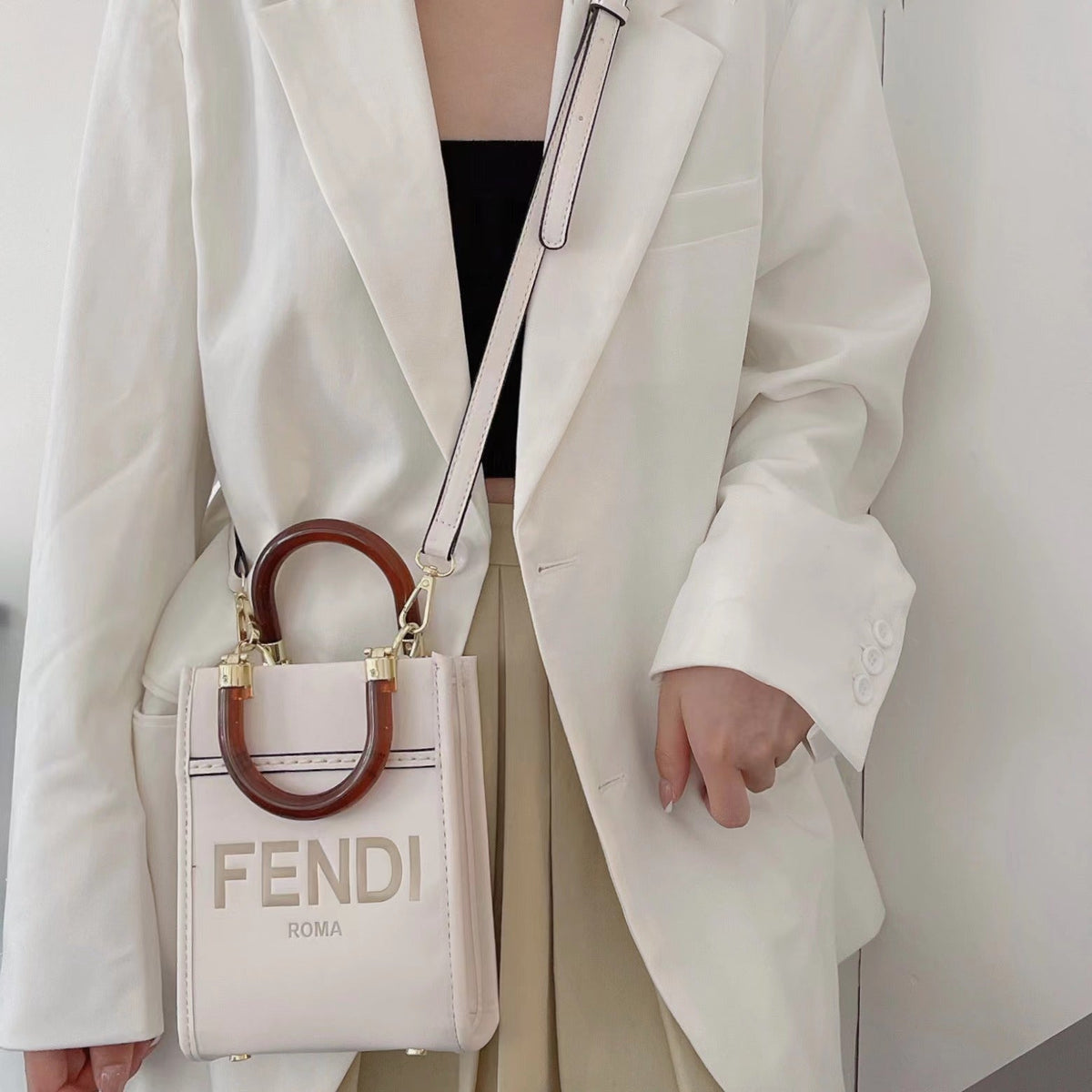 Fendi-inspired structured mini tote bag with crossbody strap