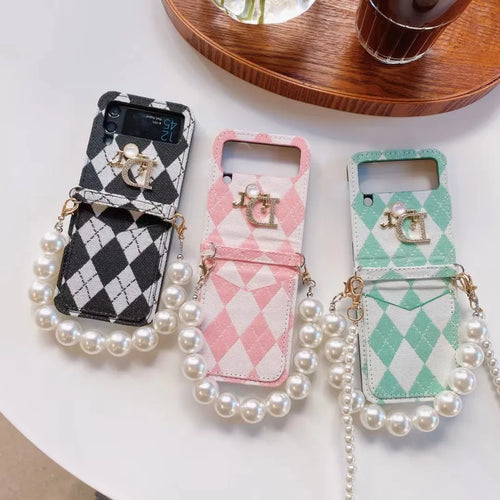 Dior-inspired argyle Samsung z flip 3 case with pearl trim