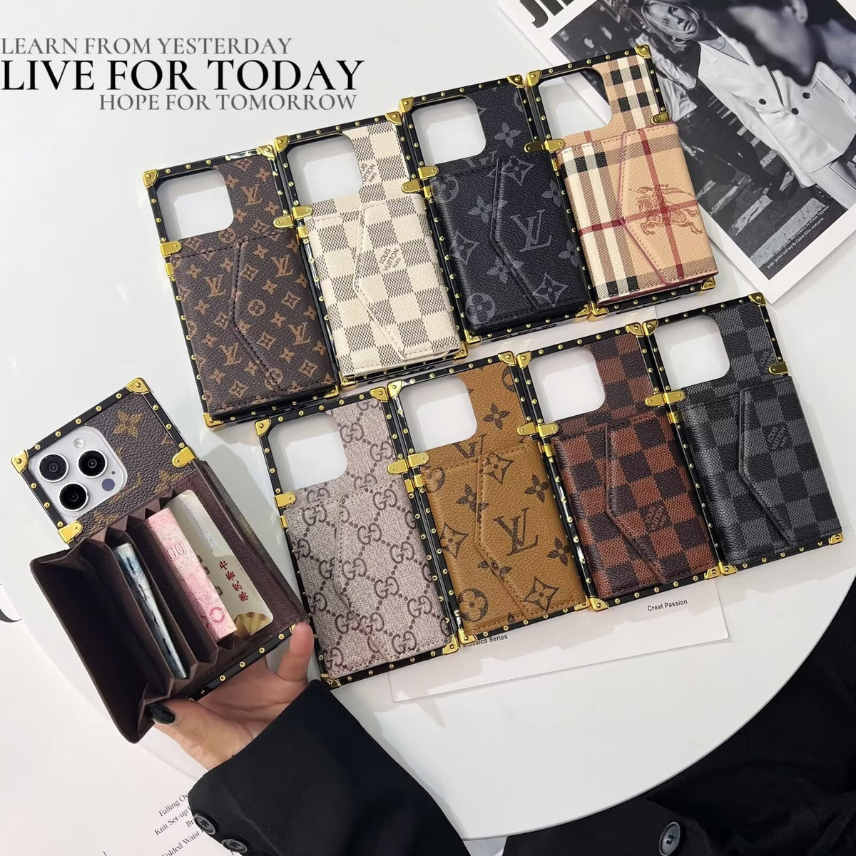 Louis Vuitton-inspired iPhone case with wallet card holder