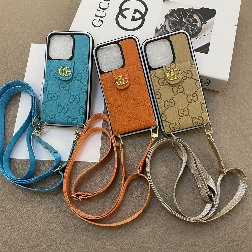 Gucci-inspired leather iPhone case with strap and wallet card holder