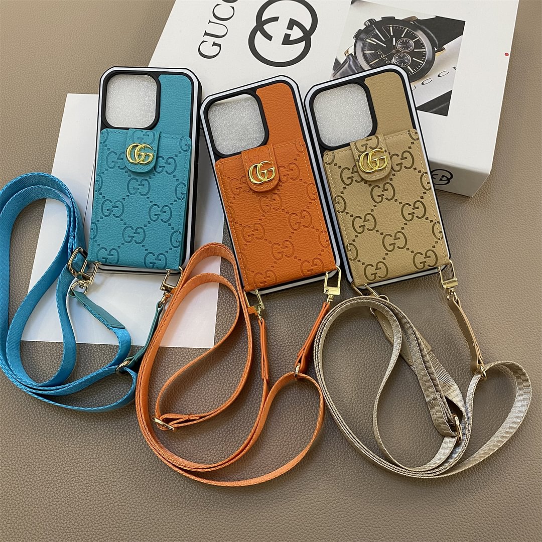 Gucci-inspired leather iPhone case with strap and wallet card holder