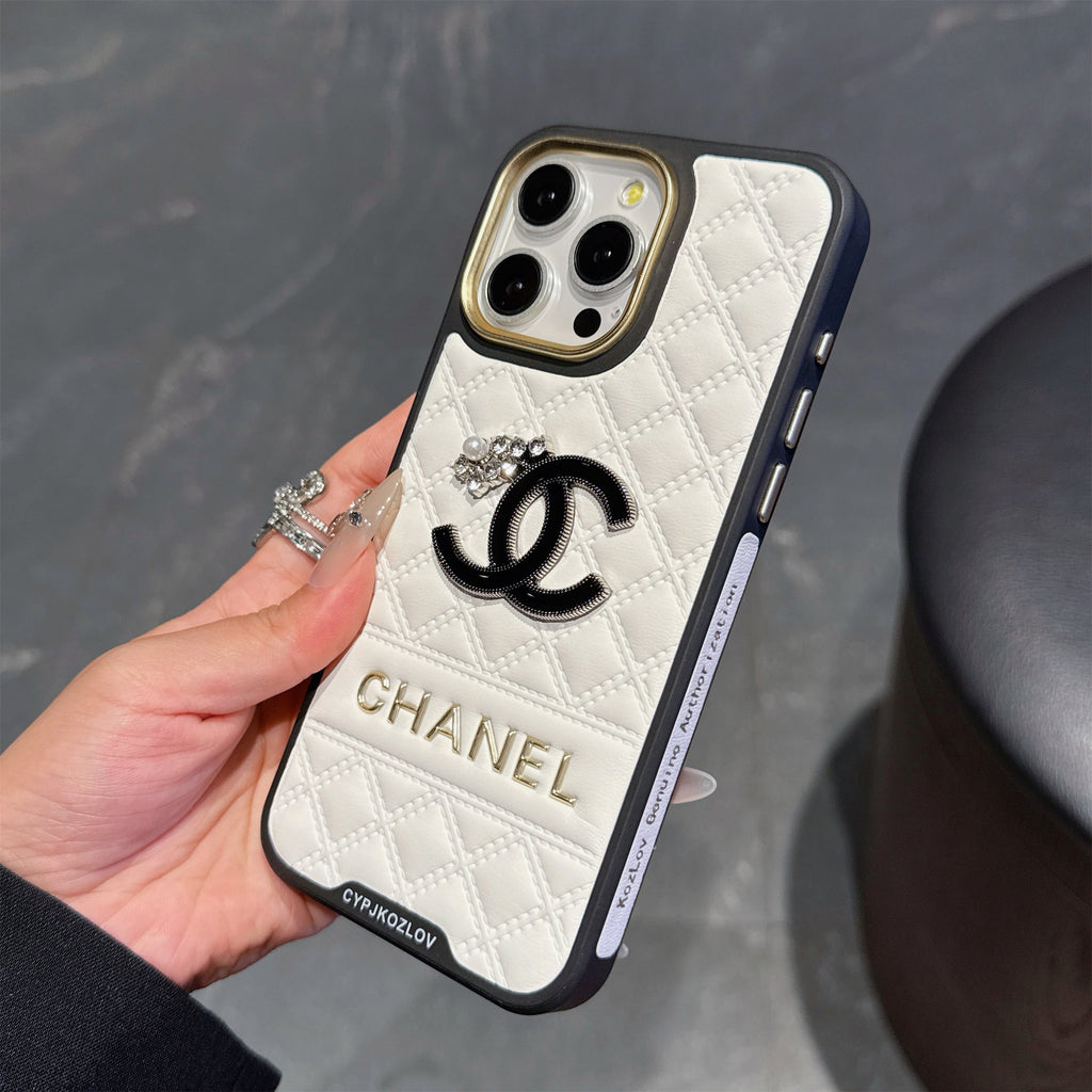 Chanel-inspired quilted iPhone case with sparkling emblem