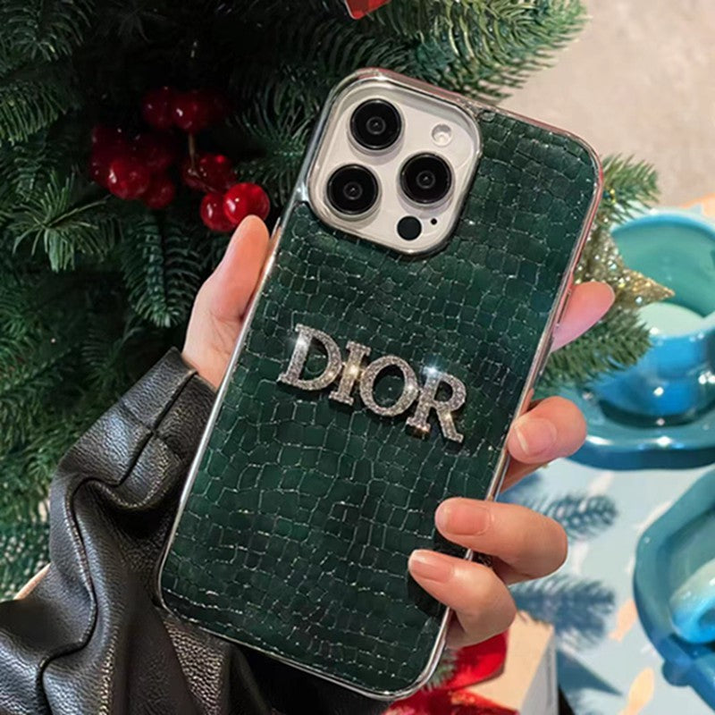 Dior-inspired rhinestone phone case with contrast lettering