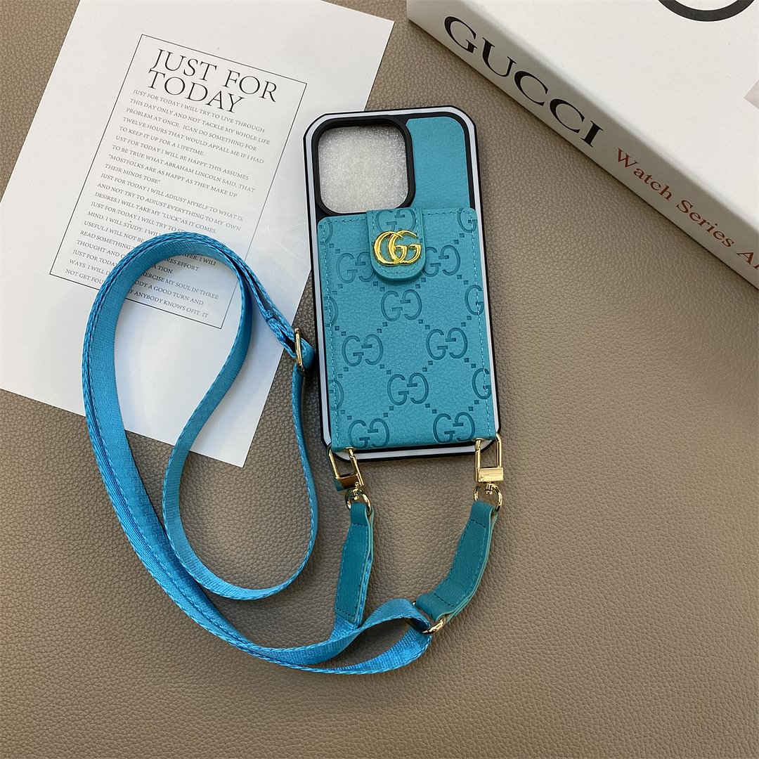 Leather iPhone case with button card holder and cord