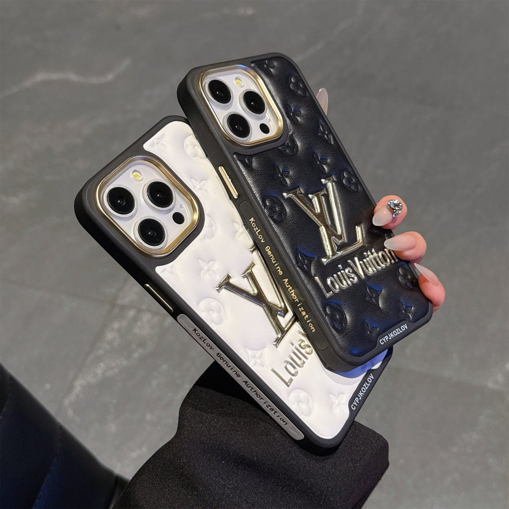 Louis Vuitton-inspired quilted leather iPhone case with raised emblem