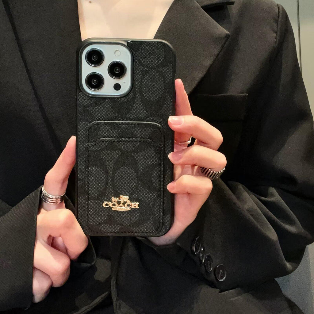 Coach-inspired fine monogram leather iPhone case with card pocket