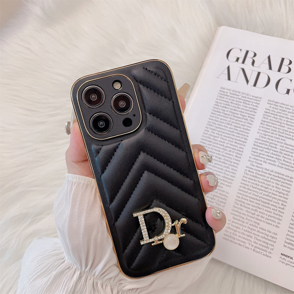 Dior-inspired chevron puffer iPhone case, black