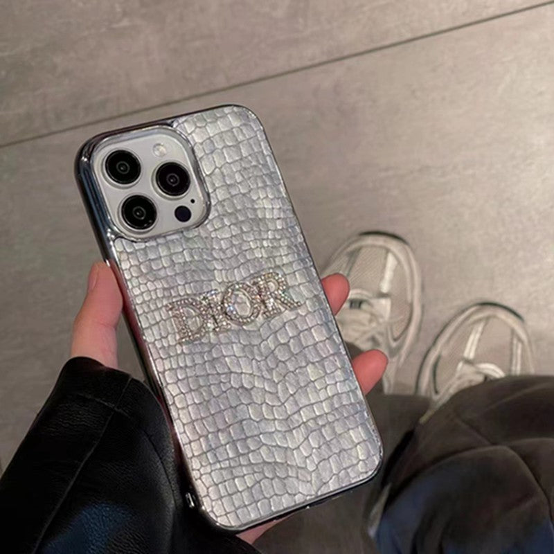 Dior-inspired rhinestone phone case with contrast lettering