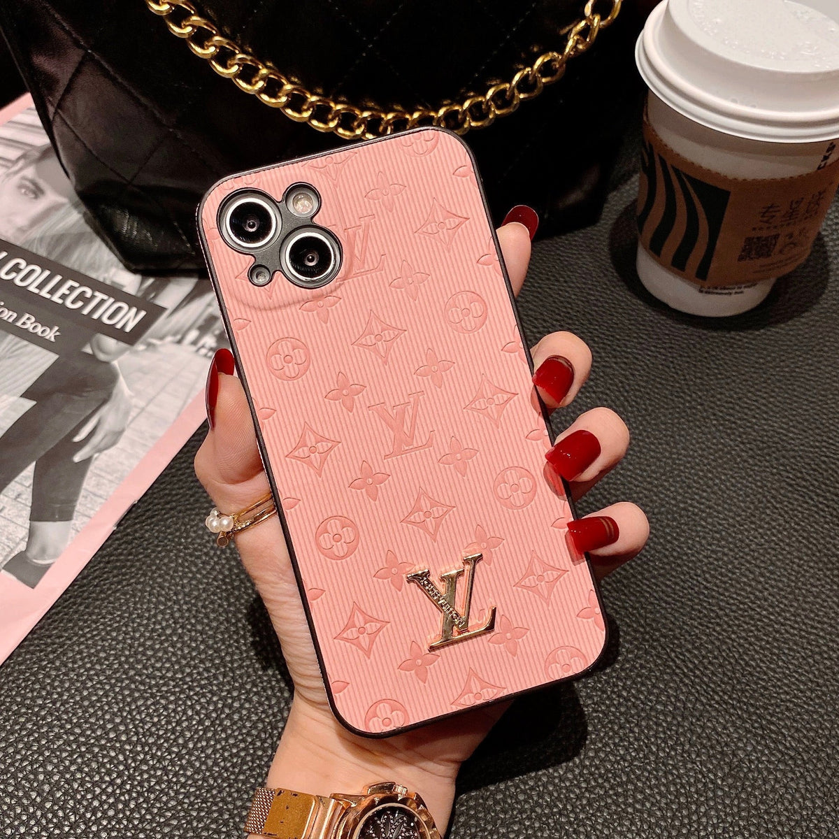 Louis Vuitton-inspired textured iPhone case with gold-tone emblem