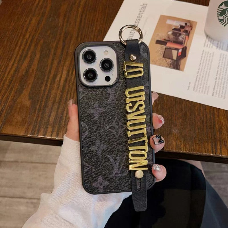 Louis Vuitton-inspired checkered iPhone 17 Pro case with hand strap