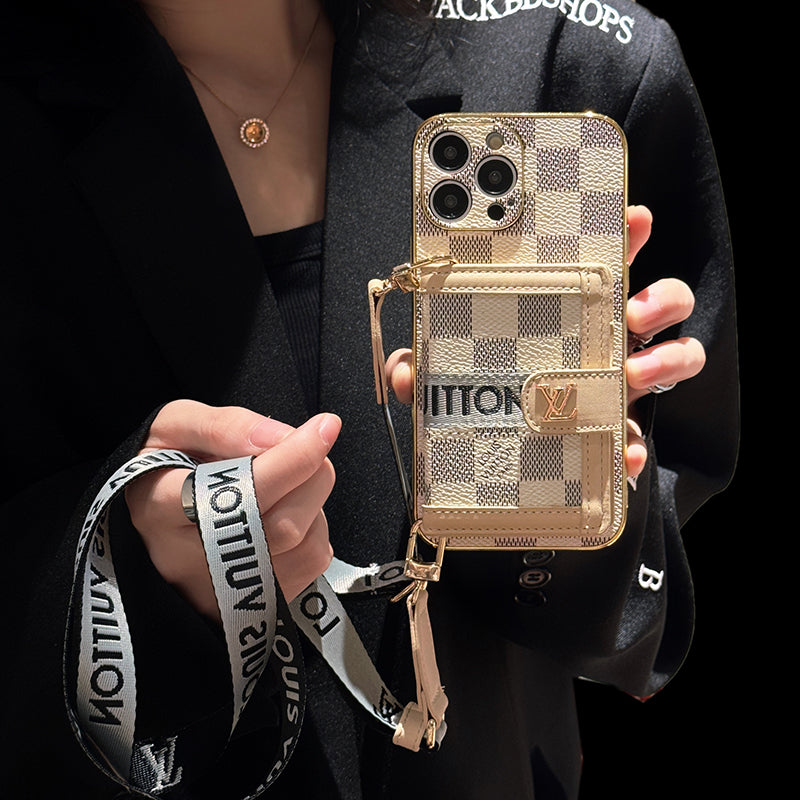Louis Vuitton-inspired case with chain for iPhone 16 15 14