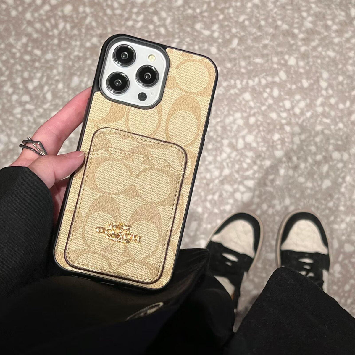 Coach-inspired fine monogram leather iPhone case with card pocket