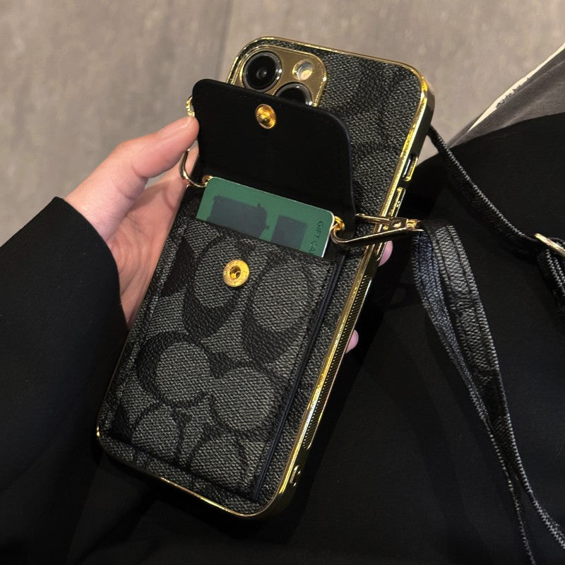 Coach-inspired leather iPhone case with card holder and strap